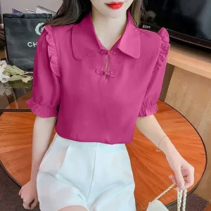 Elegant Solid Color Versatile Short Sleeve Commuter Pan Button Chiffon Shirt Tops
