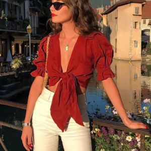 Elegant Solid Crop Top With Tie Detail V-neck Puff Sleeve Trendy Blouse