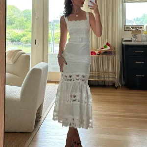 Elegant Solid Hollow Out Square Neck Sleeveless Patchwork Lace Dress