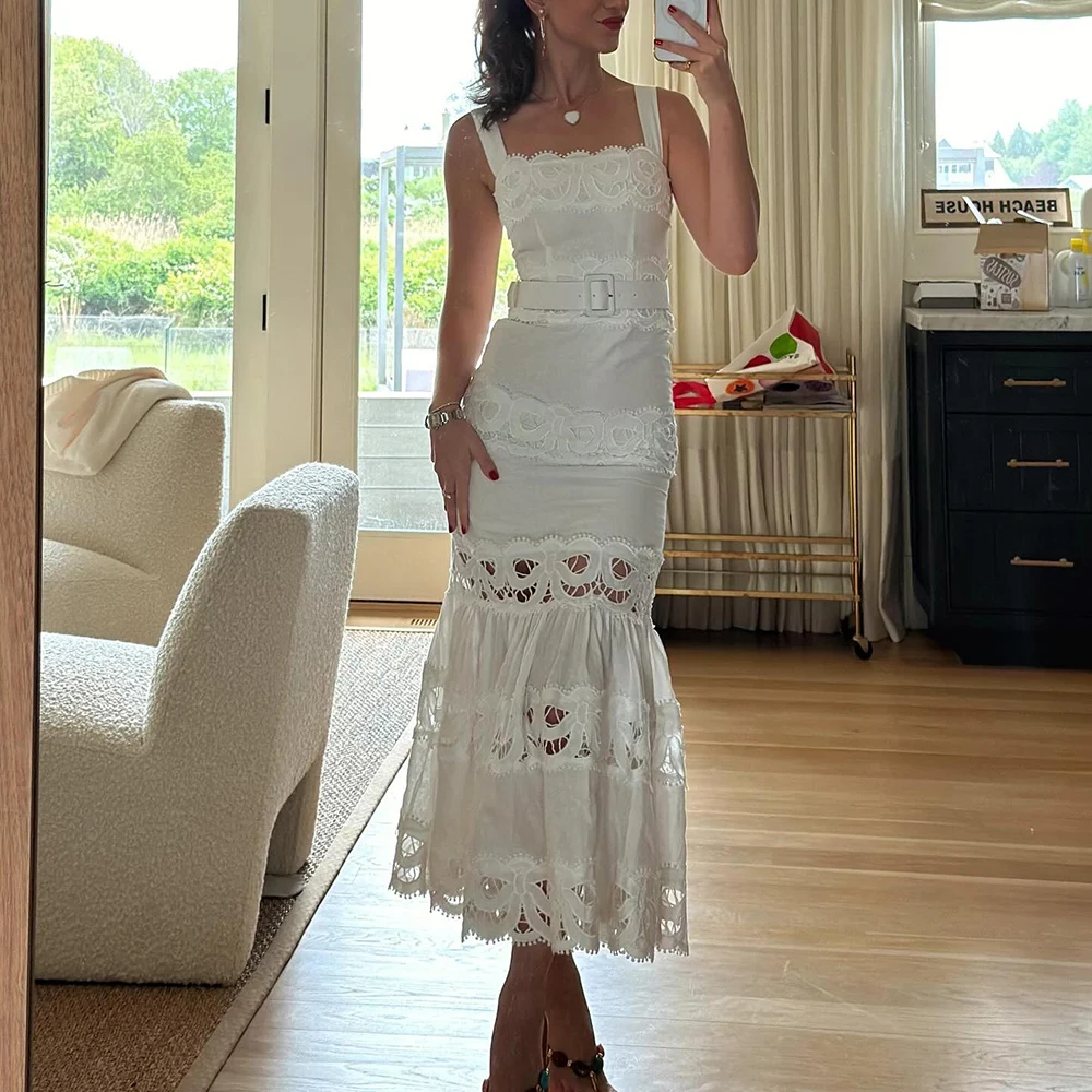 Elegant Solid Hollow Out Square Neck Sleeveless Patchwork Lace Dress