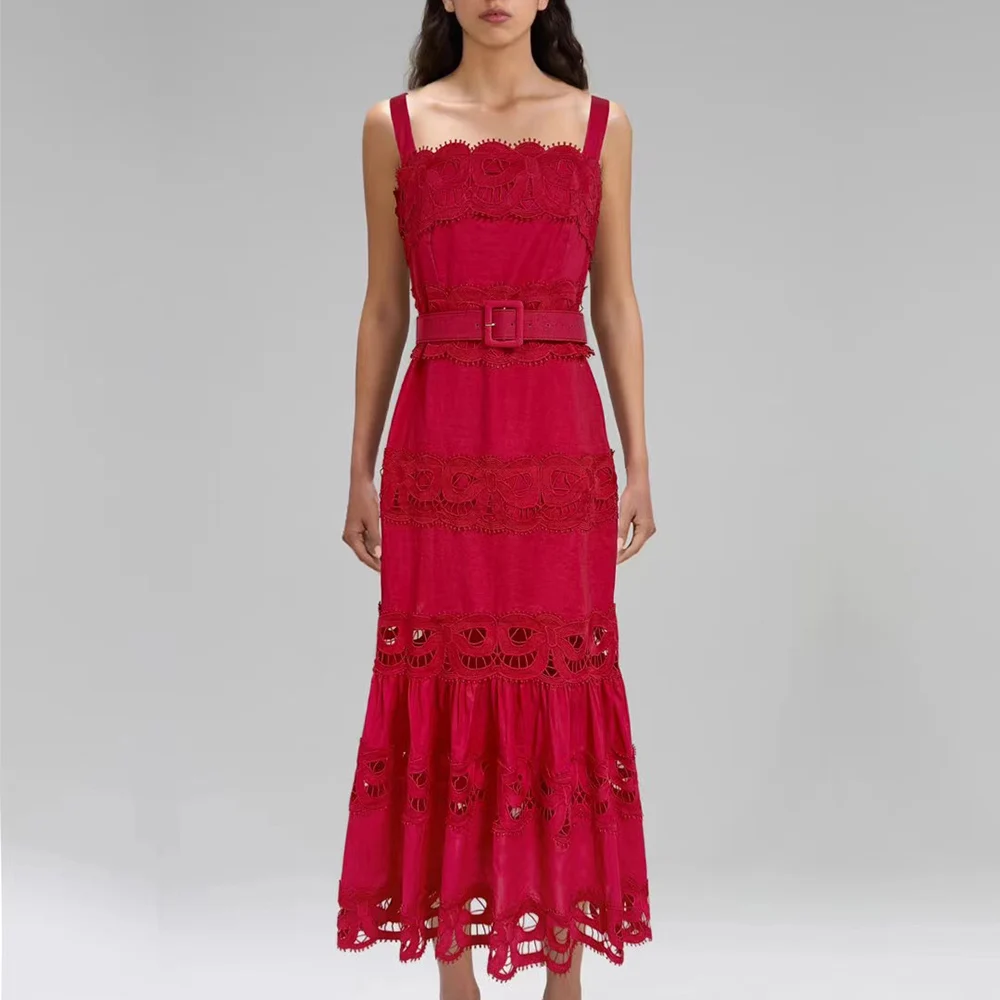 Elegant Solid Hollow Out Square Neck Sleeveless Patchwork Lace Dress - Image 2