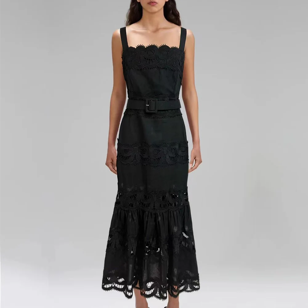 Elegant Solid Hollow Out Square Neck Sleeveless Patchwork Lace Dress - Image 3