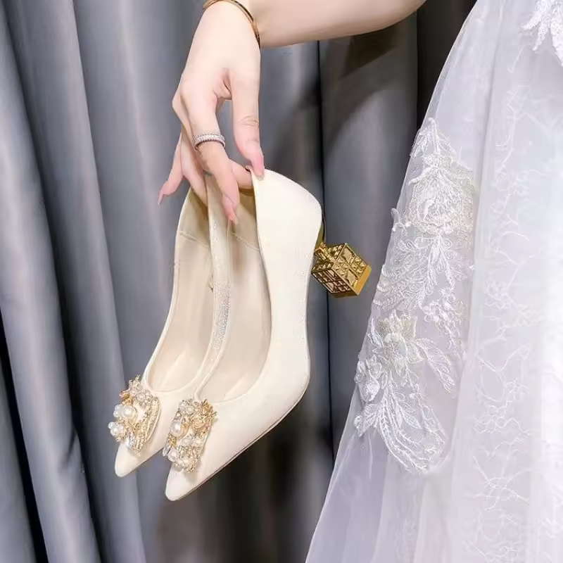 Elegant Square Pointed Toe Block Heel Chunky High Heels Pumps - Image 6