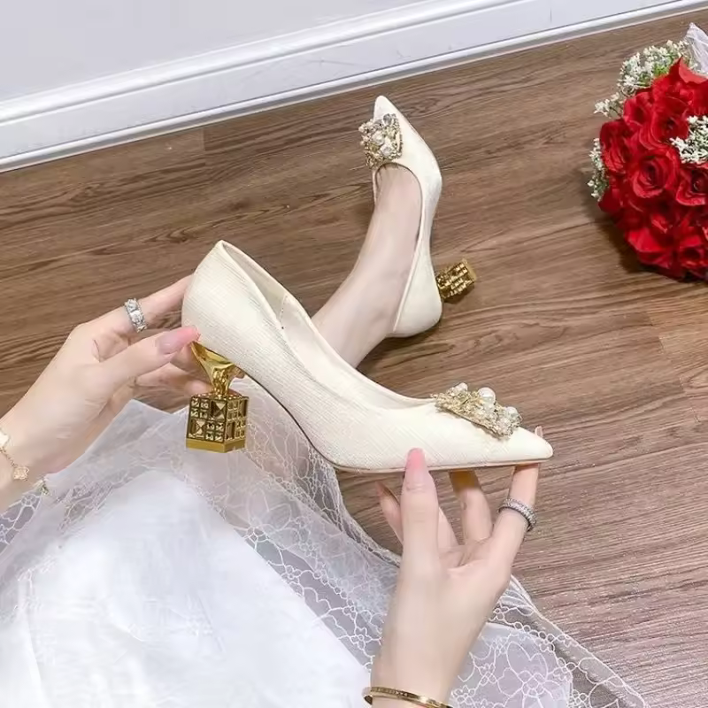 Elegant Square Pointed Toe Block Heel Chunky High Heels Pumps - Image 2