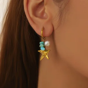 Elegant Stainless Steel Romantic Turquoise Pearl Starfish Waterproof Push-back Earrings
