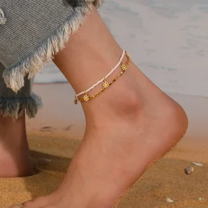 Elegant Stainless Steel White Small Flower Oil drop Double Waterproof Foot Chains Layer Anklets