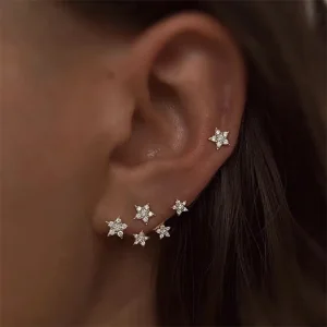 Elegant Sterling Silver Plated 14K Gold Sparkling Zircon Star High Quality Wedding Earrings