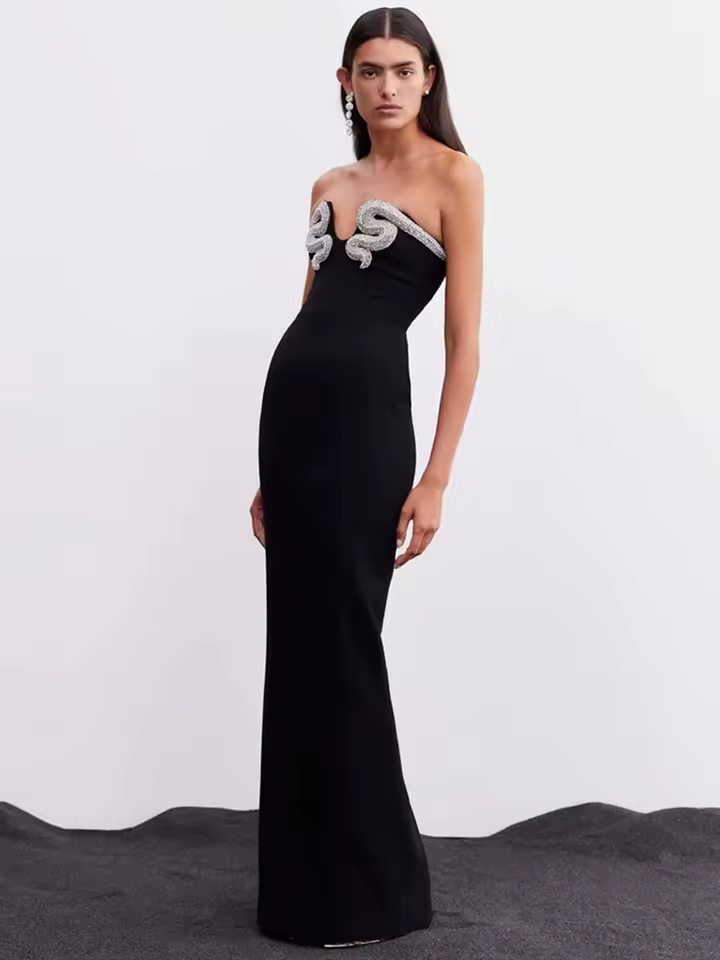 Elegant Strapless Backless Diamonds Evening Club Party Celebrity Long Bodycon Dress