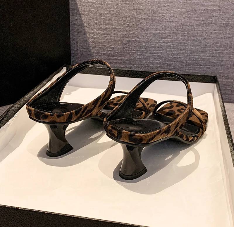 Elegant Street Style Leopard Open Toe Slide Thick Square Heel Sandals - Image 7