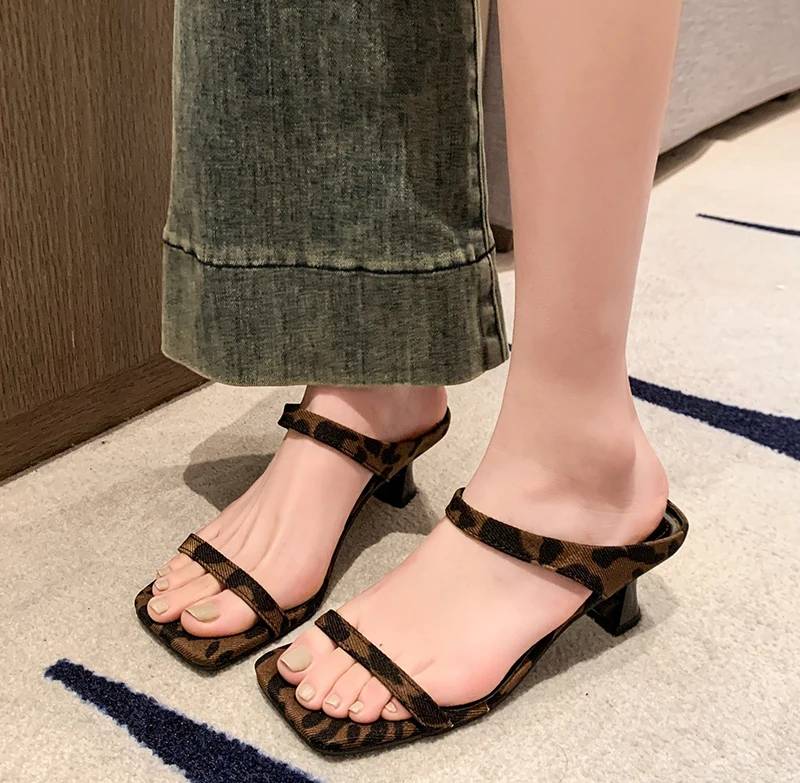 Elegant Street Style Leopard Open Toe Slide Thick Square Heel Sandals - Image 4