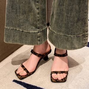 Elegant Street Style Leopard Open Toe Slide Thick Square Heel Sandals