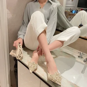 Elegant String Bead Crystal Patchwork Slip On Thin Heels Sandals