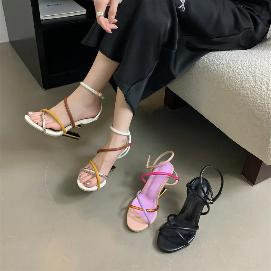 Elegant Stylish Cross Striped Color Blocked Strange High-Heeled Sandals