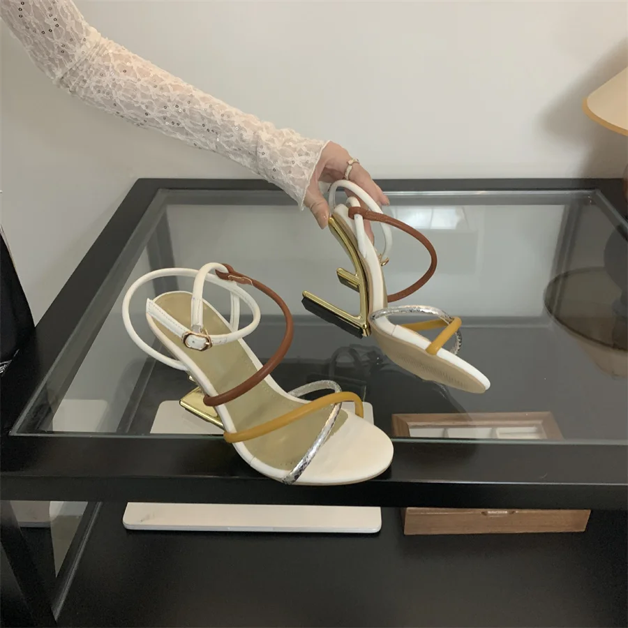 Elegant Stylish Cross Striped Color Blocked Strange High-Heeled Sandals - Image 2