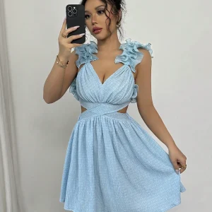 Elegant Suspender Lace Jacquard Front Middle Cross Waist ​​Pleated Dress