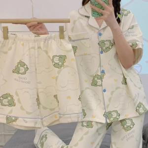 Elegant Teenage Cartoon Cute Lazy Wind New Short-Sleeved Three-Piece Set