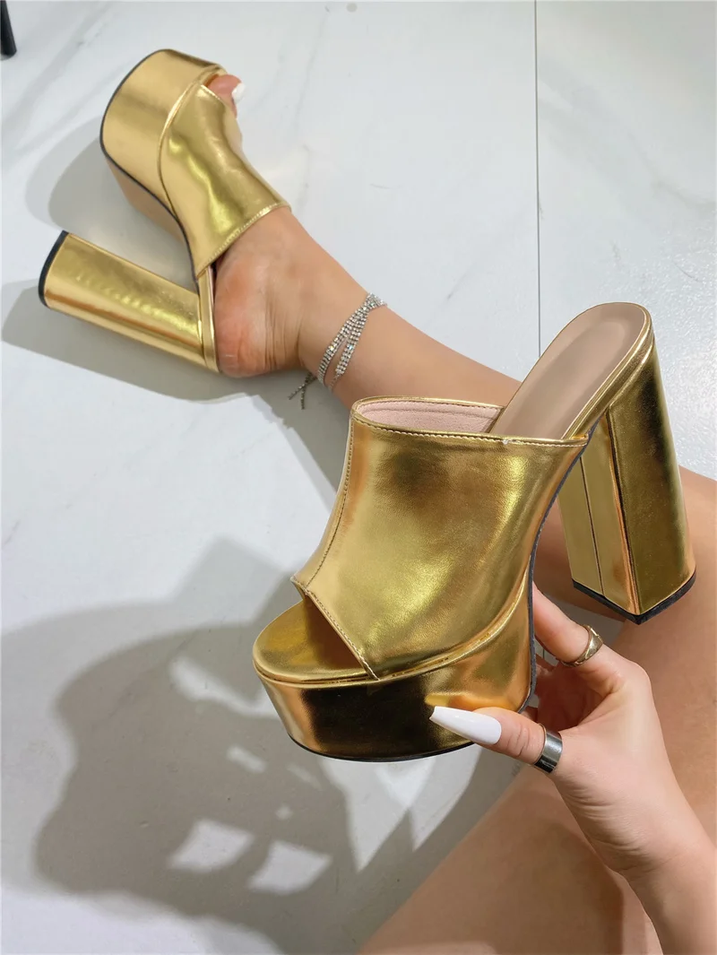 Elegant Thick Bottom Square Toe Platform Chunky High Heels Sandals - Image 2