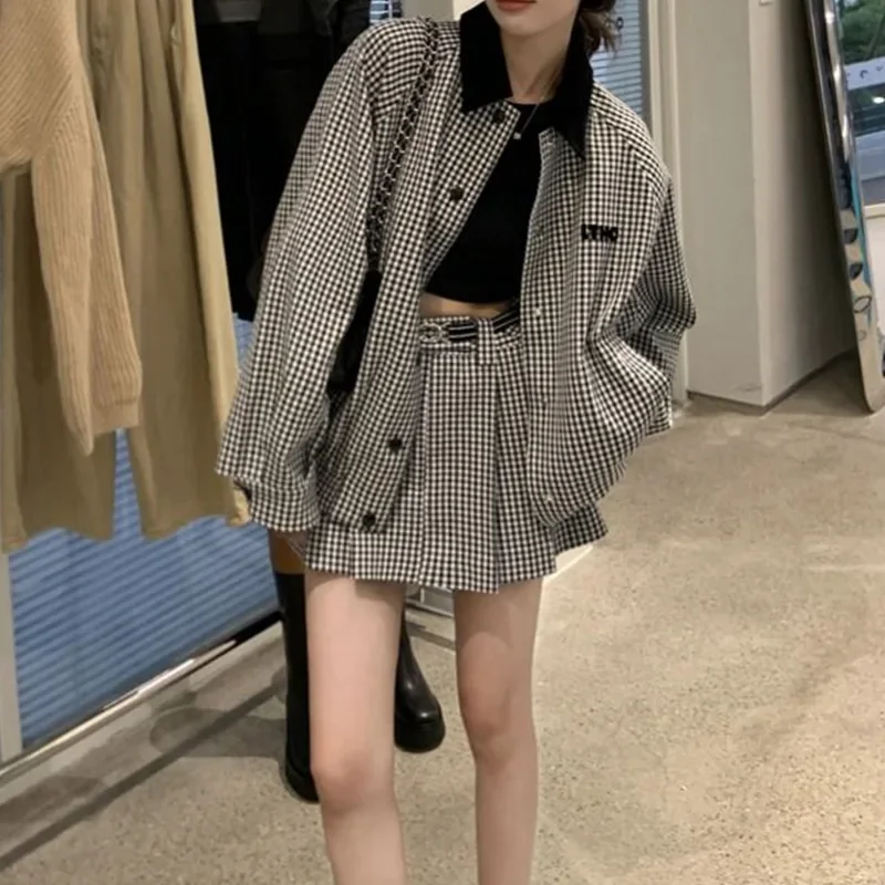 Elegant Trendy Plaid Color Blocking Jacket And A- Line Skirt 2-Piece Set