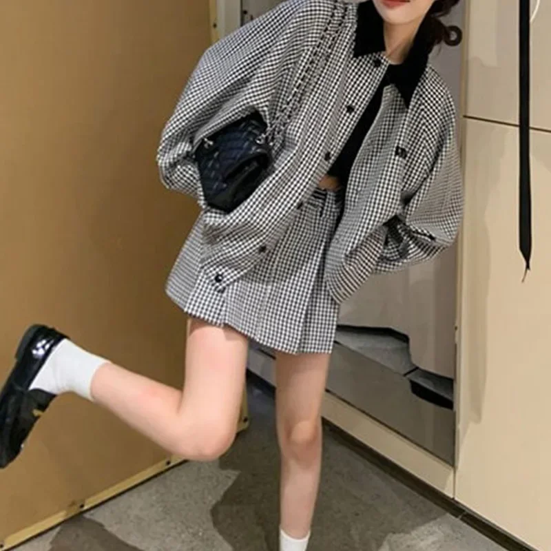 Elegant Trendy Plaid Color Blocking Jacket And A- Line Skirt 2-Piece Set - Image 2