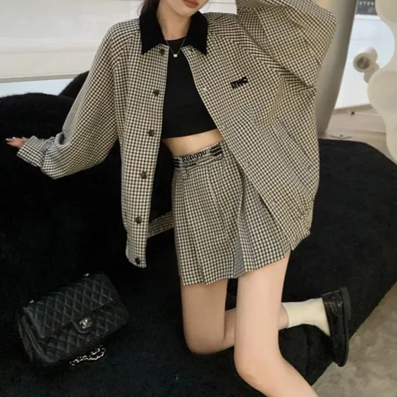 Elegant Trendy Plaid Color Blocking Jacket And A- Line Skirt 2-Piece Set - Image 3