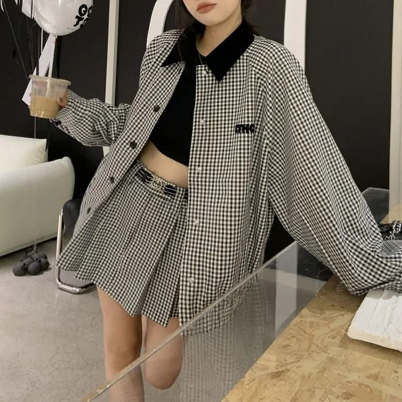 Elegant Trendy Plaid Color Blocking Jacket And A- Line Skirt 2-Piece Set - Image 4