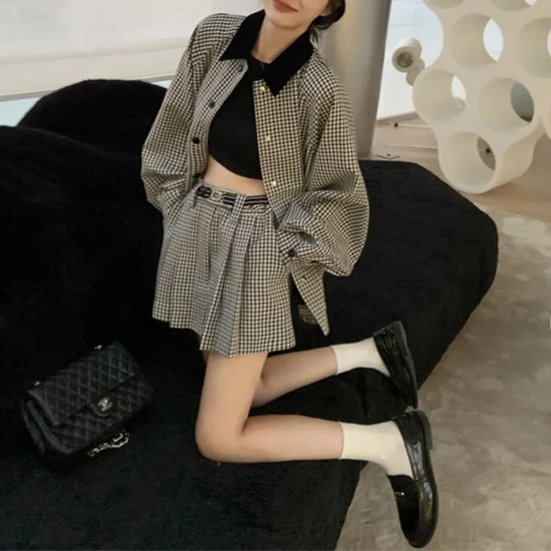 Elegant Trendy Plaid Color Blocking Jacket And A- Line Skirt 2-Piece Set - Image 5