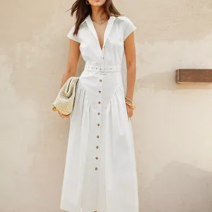 Elegant Turndown Collar Versatile Occasions Shirt Maxi Dress With Belted
