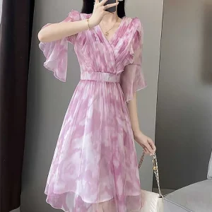 Elegant V-Neck Folds Ruffles Flare Sleeve Floral Loose Office Lady Midi Dress
