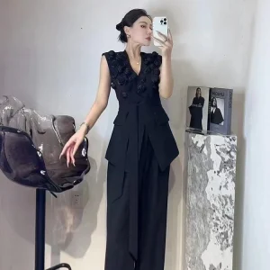 Elegant V-Neck Sleeveless Tunic Temperament Vests High Waist Pant Two Piece Set