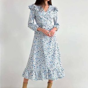 Elegant V-Neck Three Quarter Sleeve Ruffled Casual Loose Lace-Up Ruffled Dress