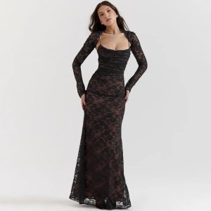 Elegant Vintage Hollow Out Lace Long Sleeve Cape 2 Piece Set Gown Slip  Maxi Dress