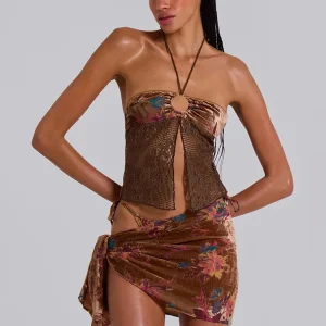 Elegant Weird Puss Halter Knit Patchwork Flower Print Three Piece Set