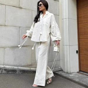Embroidered Lantern Sleeves Shirt Trouser Suits Pocket Turn-Down Collar Lady Sets