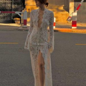 Embroidery Ruffles Deep V-Neck Slits See Through Tassel Petal Cuffs Dress