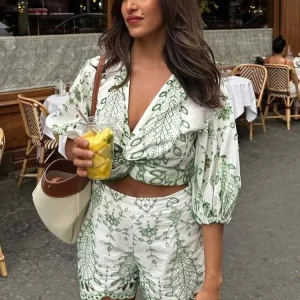 Embroidery Short Blouse Elastic Waist Suit Shorts Two Piece Set