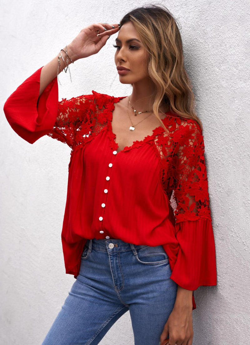 Erotic Fashion 3/4 Length Sleeves Tees Sheer Lace Buttons V-Neck Tee Shirt - Image 8