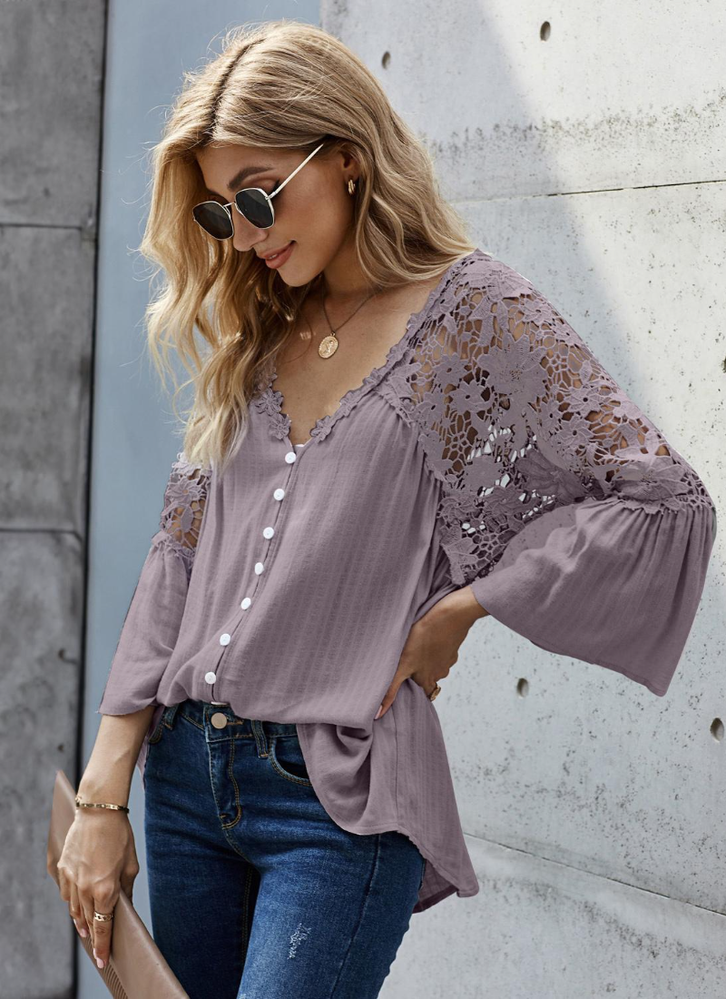 Erotic Fashion 3/4 Length Sleeves Tees Sheer Lace Buttons V-Neck Tee Shirt - Image 6