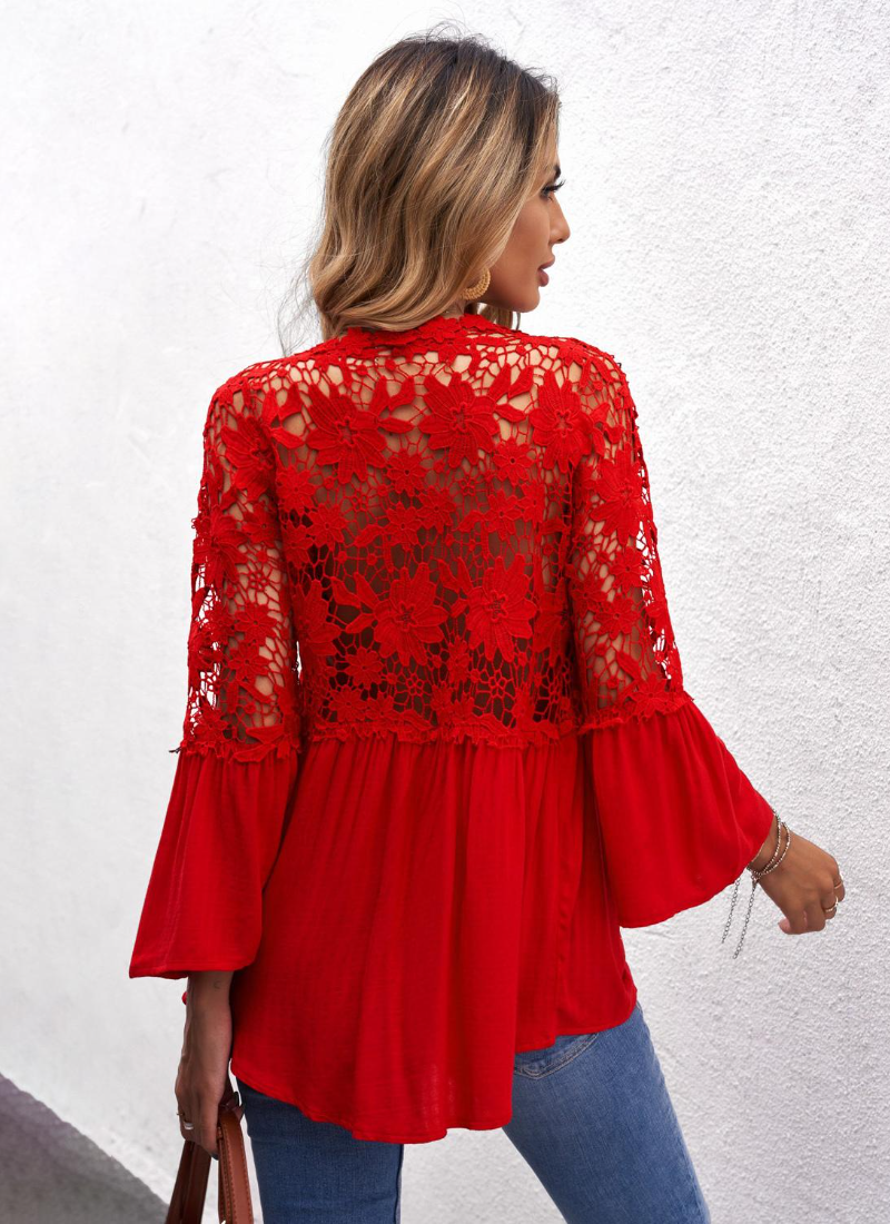 Erotic Fashion 3/4 Length Sleeves Tees Sheer Lace Buttons V-Neck Tee Shirt - Image 9