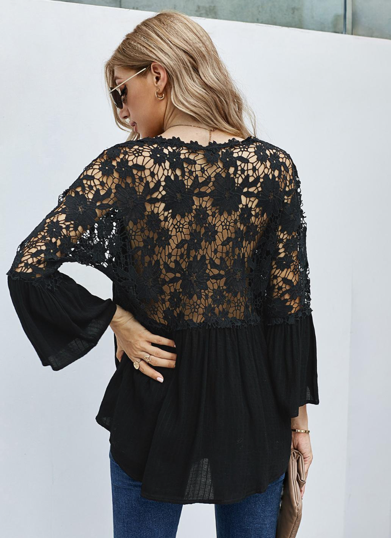 Erotic Fashion 3/4 Length Sleeves Tees Sheer Lace Buttons V-Neck Tee Shirt - Image 3