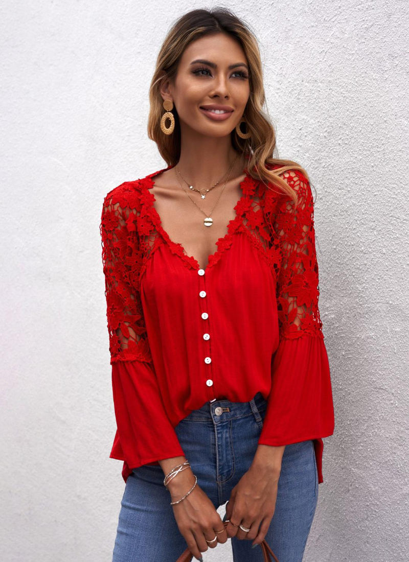 Erotic Fashion 3/4 Length Sleeves Tees Sheer Lace Buttons V-Neck Tee Shirt - Image 7