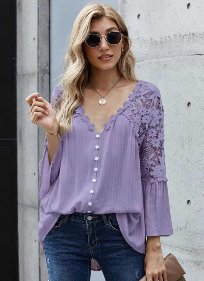 Erotic Fashion 3/4 Length Sleeves Tees Sheer Lace Buttons V-Neck Tee Shirt - Image 10