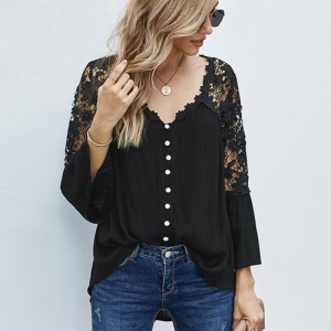 Erotic Fashion 3/4 Length Sleeves Tees Sheer Lace Buttons V-Neck Tee Shirt