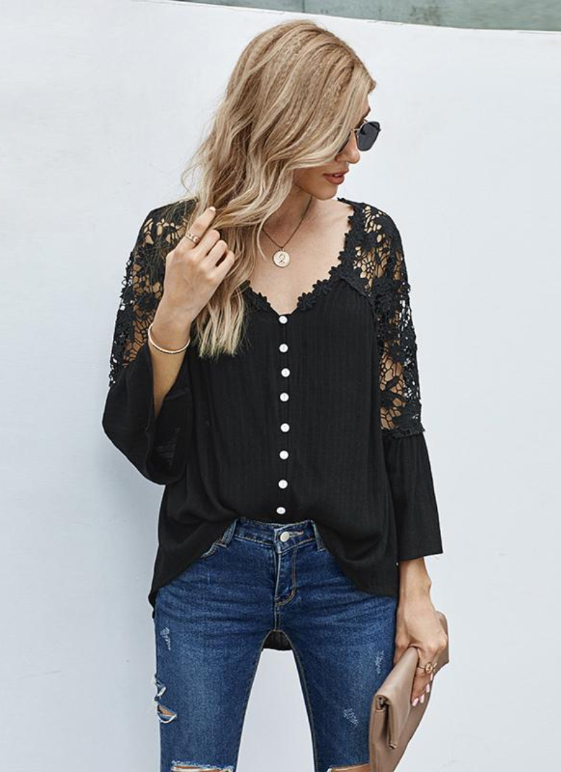 Erotic Fashion 3/4 Length Sleeves Tees Sheer Lace Buttons V-Neck Tee Shirt