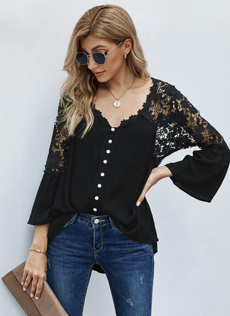 Erotic Fashion 3/4 Length Sleeves Tees Sheer Lace Buttons V-Neck Tee Shirt - Image 2
