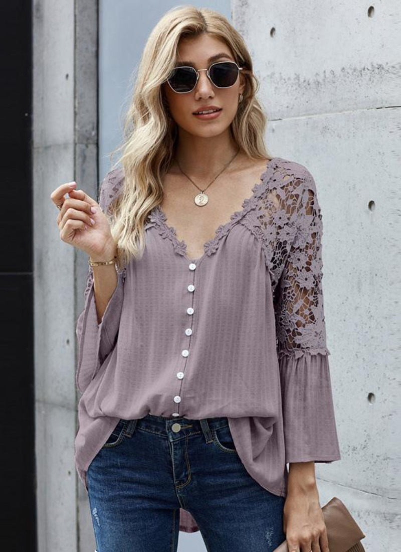 Erotic Fashion 3/4 Length Sleeves Tees Sheer Lace Buttons V-Neck Tee Shirt - Image 4