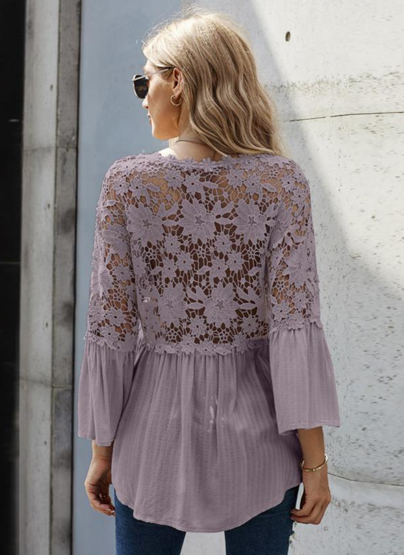 Erotic Fashion 3/4 Length Sleeves Tees Sheer Lace Buttons V-Neck Tee Shirt - Image 5