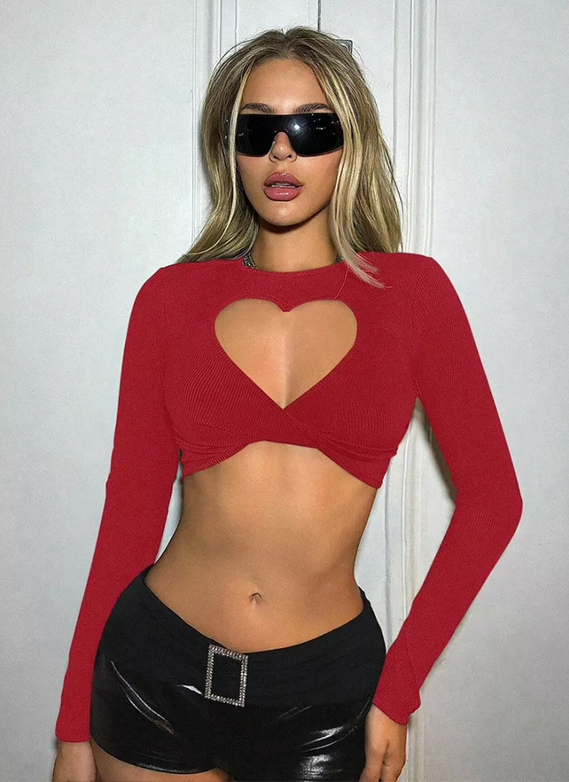 Erotic Fashion Long Sleeves Tees Cut Out Jewel Neck T-Shirt - Image 2