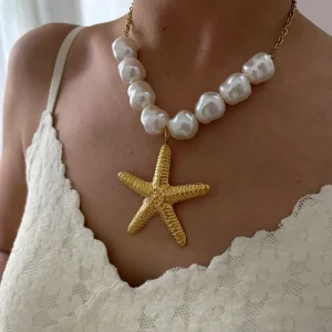 Exaggerated Punk Big Starfish Irregular Imitation Baroque Pearl Clavicle Chain Round Pendant Necklace 2pcs Set