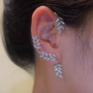 Exquisite Sparkling Zircon Leaves Ear Cubic Zirconia Push-back Cuff Party Stud Earring