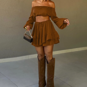 Fashion Loose Long Sleeve Crop Top With High Waist Pleated Mini Skirt Set